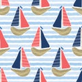 Cute driftwood sailboat on the blue ocean sea pattern. Marine water stripes seamless vector background. Sailing vessel for