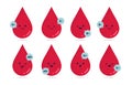 Cute drops with different blood types. Blood test and donation. Vector flat illustrations