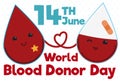 Cute Drops Transfusing each Other in World Blood Donor Day, Vector Illustration