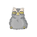 Cute drowsy owl. cartoon hand drawn clip art. Grumpy night owl in kids style
