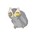 Cute drowsy owl. cartoon hand drawn clip art. Grumpy night owl in kids style