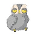 Cute drowsy owl. cartoon hand drawn clip art. Grumpy night owl in kids style