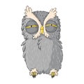 Cute drowsy owl. cartoon hand drawn clip art. Grumpy night owl in kids style