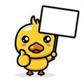 Cute duck animal cartoon character holding a white board for text