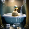 A cute duck bathes in soapy foam and bubbles in the bathroom Royalty Free Stock Photo