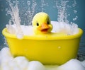 A cute duck bathes in soapy foam and bubbles in the bathroom Royalty Free Stock Photo