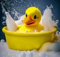 A cute duck bathes in soapy foam and bubbles in the bathroom Royalty Free Stock Photo