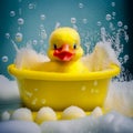 A cute duck bathes in soapy foam and bubbles in the bathroom Royalty Free Stock Photo