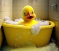 A cute duck bathes in soapy foam and bubbles in the bathroom Royalty Free Stock Photo