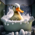 A cute duck bathes in soapy foam and bubbles in the bathroom Royalty Free Stock Photo