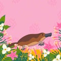 Cute duck billed for different design. Cartoon style icon of the animal with tropical flowers, leaves