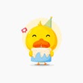 Cute duck character with birthday cake icon illustration Royalty Free Stock Photo