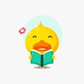 Cute duck character reading book icon illustration