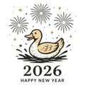 Cute duck with fireworks celebrating 2026 New Year illustration Royalty Free Stock Photo