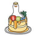 Cute duck have butter on head sit on pancake with fruit and honey.Strawberry
