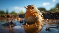 Cute duck sitting on branch, looking at camera, by pond generated by AI Royalty Free Stock Photo
