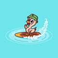 A cute duck is surfing on the beach in summertime