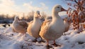 Cute duck waddling on snowy pond, surrounded by nature generated by AI