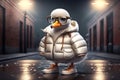 Cute duck in a warm down jacket and glasses. AI generated