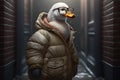 Cute duck in a warm down jacket and glasses. AI generated