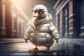 Cute duck in a warm down jacket and glasses. AI generated