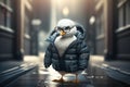 Cute duck in a warm down jacket and glasses. AI generated
