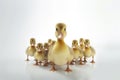 Cute duck and young duckling animals,Family walking on white background, Funny yellow group,AI generated