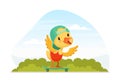 Cute Duckling Baby in Cap Riding Skateboard on Beautiful Summer Landscape Vector Illustration Royalty Free Stock Photo