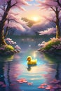 A cute duckling swiiming in the lake, at a spring cherry blossoms forest, cartoon, digital anime art, t-shirt prints, fantasy Royalty Free Stock Photo