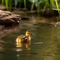 A cute duckling swimming in a stream, by a waterfall, generated by AI. Royalty Free Stock Photo