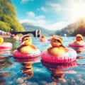 cute ducklings swimming in the lake with a floaty ring generative ai Royalty Free Stock Photo