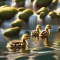 Cute ducklings swimming in a stream, by a waterfall, generated by AI. Royalty Free Stock Photo