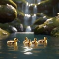 Cute ducklings swimming in a stream, by a waterfall, generated by AI. Royalty Free Stock Photo