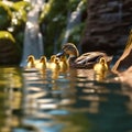 Cute ducklings swimming in a stream, by a waterfall, generated by AI. Royalty Free Stock Photo