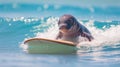 A cute dugong surfer enjoys a fun-filled summer day at the beach, riding waves with enthusiasm, Ai Generated