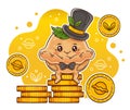 Cute dumpling or pelmen businessman, rich dough bun in gentleman hat sitting on gold coins. Baker food character win money. Vector