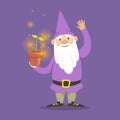 Cute dwarf in a purple jacket and hat standing flower pot vector Illustration
