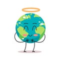 cute earth character angel with nimbus cartoon mascot globe personage showing facial emotion save planet concept