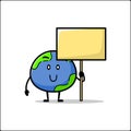 cute earth holding a blank banner. globe earth smiling funny mascot illustration
