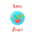 Cute Earth holds a heart on white background. Flat style. Vector illustration