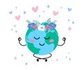 Cute Earth meditates and smiles. Cartoon planet with flower wreath on head isolated. Vector flat illustration for Earth Day Royalty Free Stock Photo