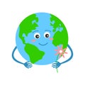 Cute Earth planet character holding flower isolated on white background. Earth Day, take care for the environment Royalty Free Stock Photo