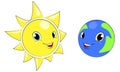 Cute Earth and Sun, planet, satellite and star, Solar system, cartoon characters, vector. Royalty Free Stock Photo