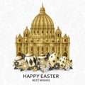 Cute Easter background with eggs, flowers and Saint Peters Basilica