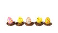 Cute Easter banner with three colorful painted eggs and two decorative chickens sitting in birds nests, isolated on a white