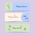 Cute Easter banners with bunnies and patterned eggs. Rabbit from lines and dotted texture. Blue, green and beige. Vector Royalty Free Stock Photo