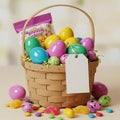 A Cute Easter Basket Containing Plastic Eggs and Candy on a Blurred Background Royalty Free Stock Photo