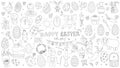 Cute Easter black and white elements collection. Ester bunny, chicks, egg, basket and tulips. Vector illustration