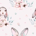 Cute easter bunnies background grass, blossom flowers on a white background. Watercolor seamless pattern