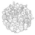 Cute Easter bunnies and chicks circle shape coloring page. Doodle mandala with Easter characters